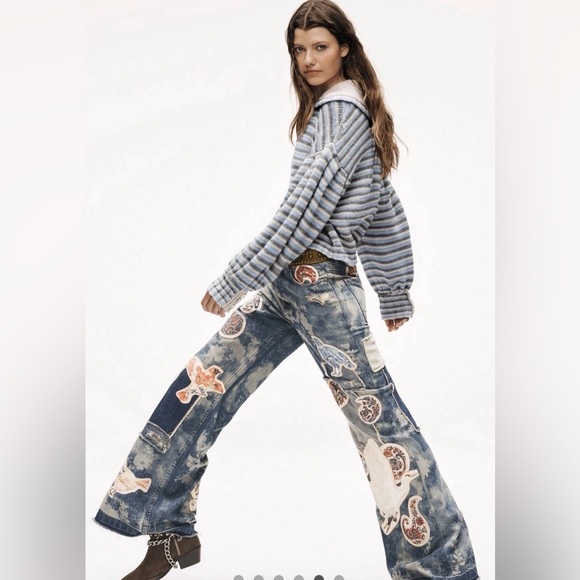 Free People Flying High Patched Jeans We The Free Embroidered Birds Print Blue - Picture 5 of 7